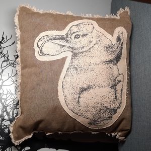 Large Pillow Rabbit Bunny Cotton Canvas Fringe Cabbage Brown Tan Grey